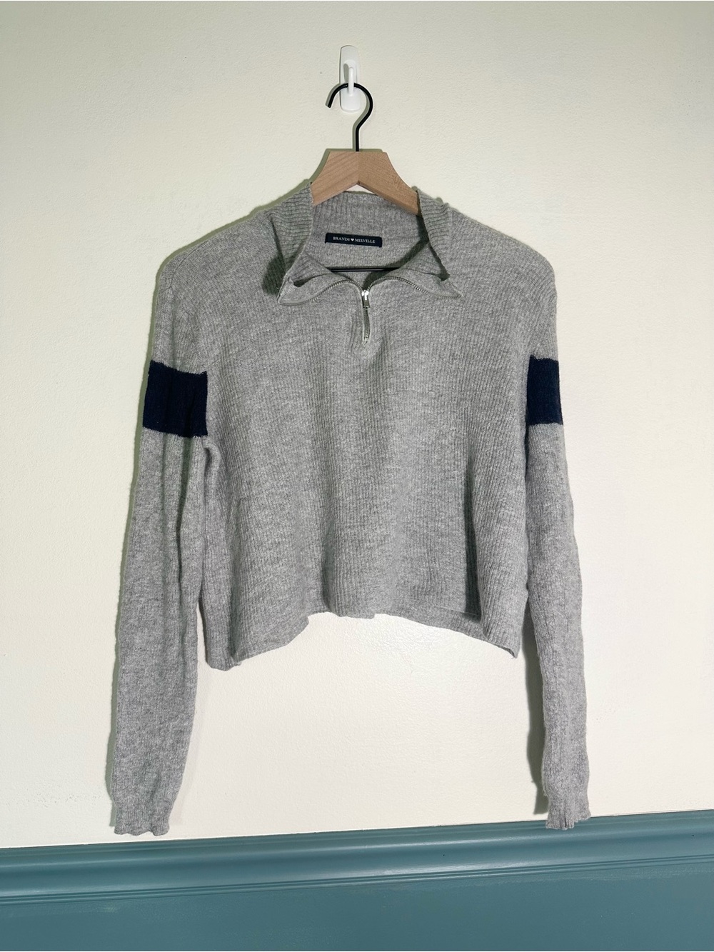 Brandy Melville - Gray Half-Zip Wool Cropped Sweater with Navy Elbow Patch